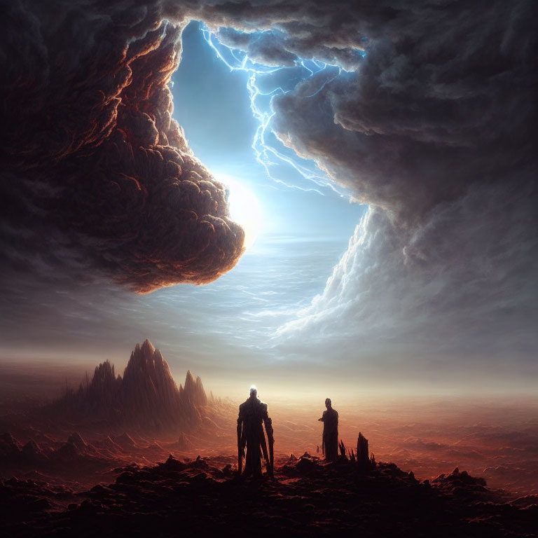 Silhouetted figures on rocky terrain under dramatic sky with lightning.