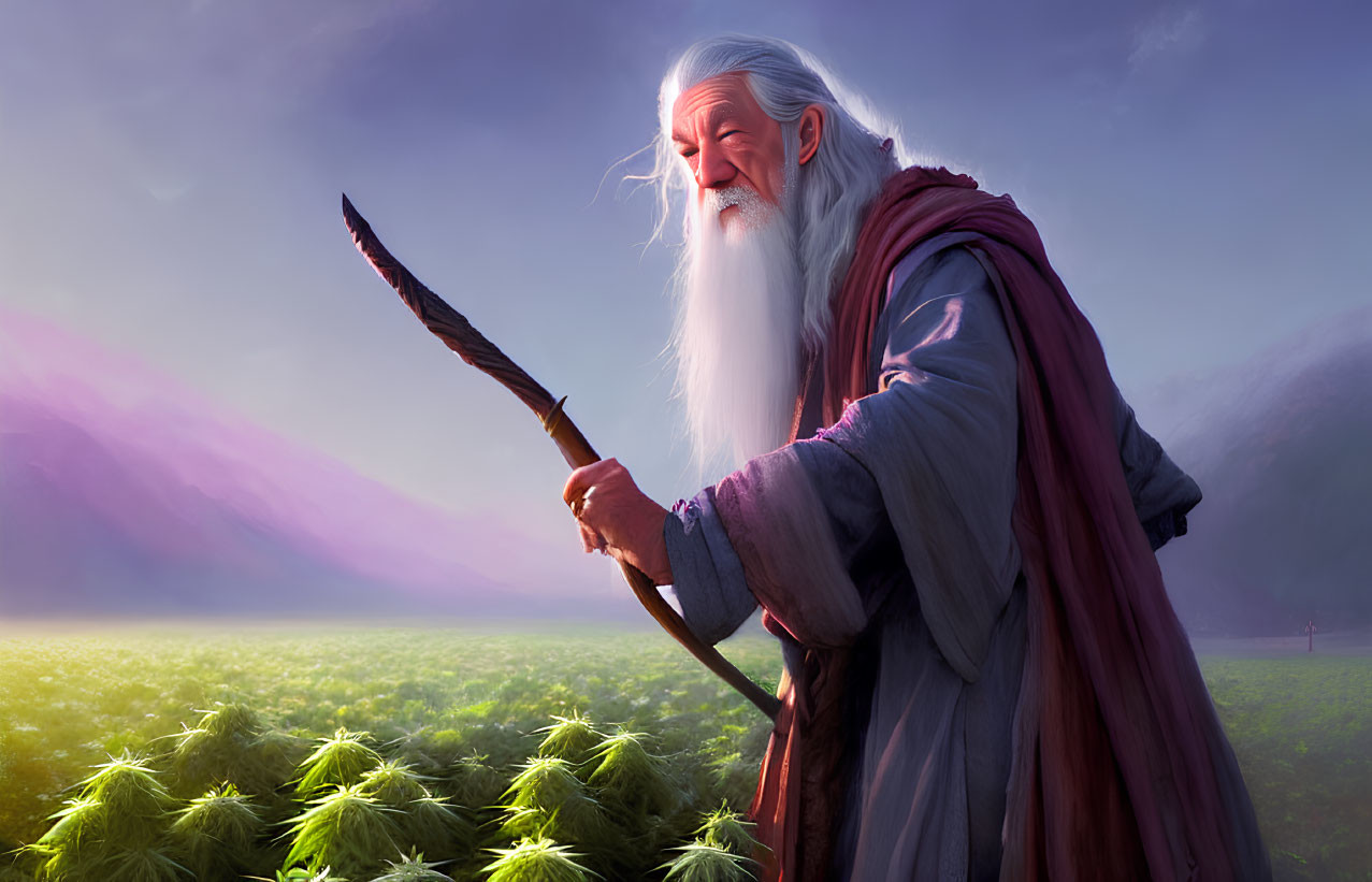 Elderly wizard with white beard in purple cloak on green field