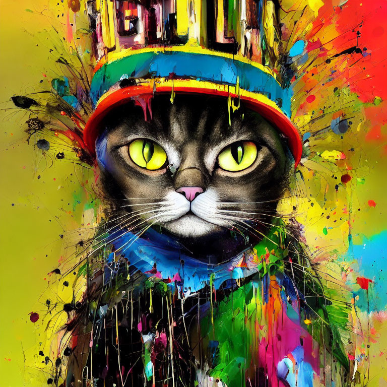 Vibrant cat painting with yellow eyes and colorful hat