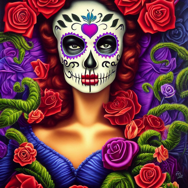 Vibrant Day of the Dead woman with skull makeup and roses