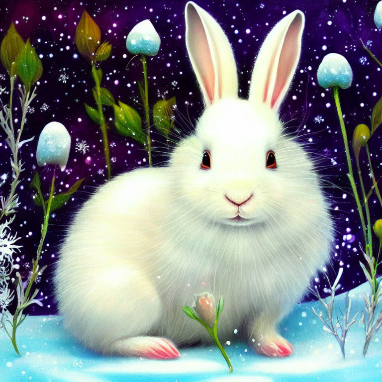 White Rabbit in Winter Wonderland with Pink Ears and Lollipops