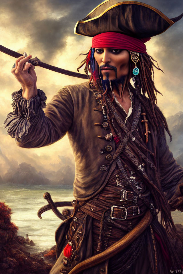 Detailed Illustration: Swashbuckling Pirate with Tricorne Hat, Sword, and Pier