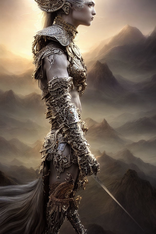 Fantasy elf warrior in ornate armor against misty mountainous backdrop