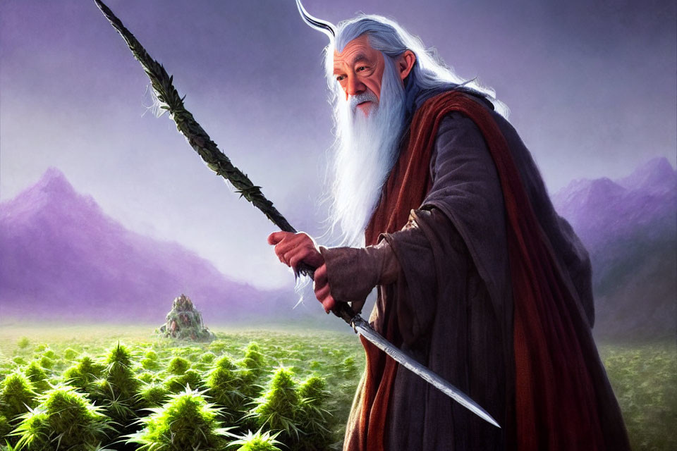 Elderly wizard with white beard in grey robe and hat, holding staff and sword in mountain field