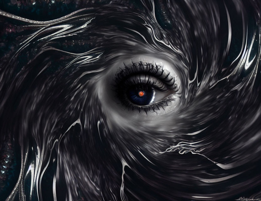 Detailed digital art: human eye surrounded by swirling black and white streams
