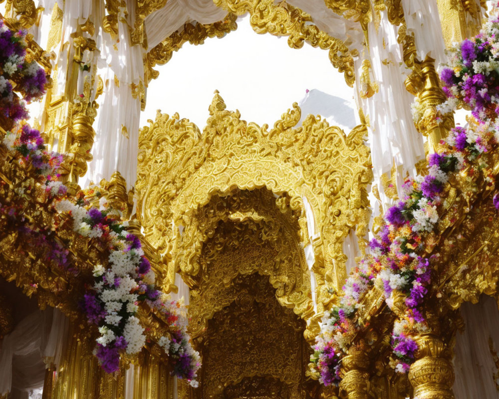 Golden archway with intricate carvings and floral decorations under clear sky