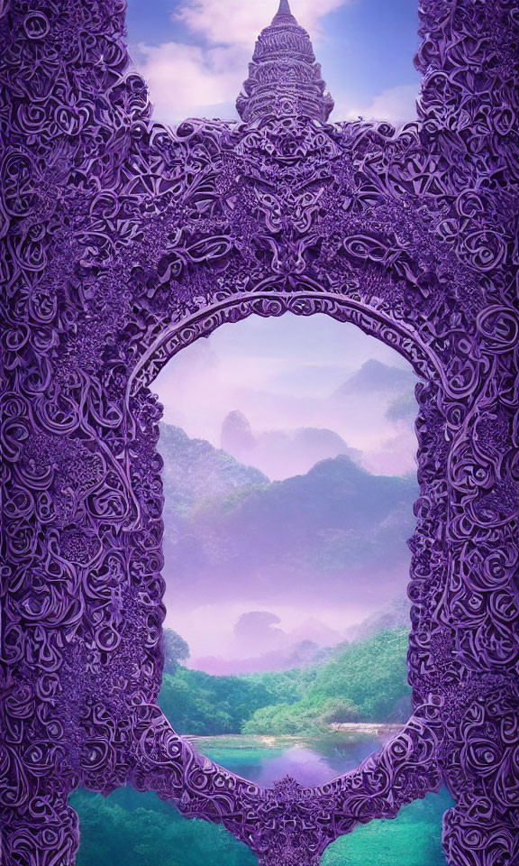 Purple ornate frame reveals mystical landscape with mountains, tower, and hazy sky