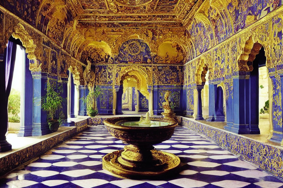Luxurious Blue and Yellow Room with Golden Ornaments and Fountain