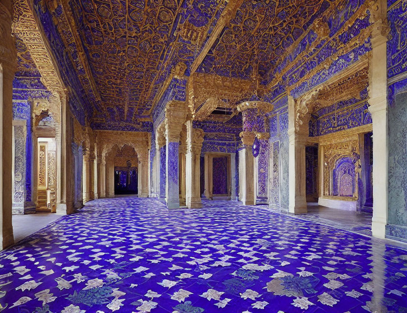 Intricate Blue and Gold Patterned Hall with Floral Designs