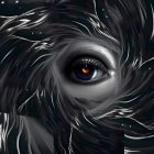 Detailed digital art: human eye surrounded by swirling black and white streams