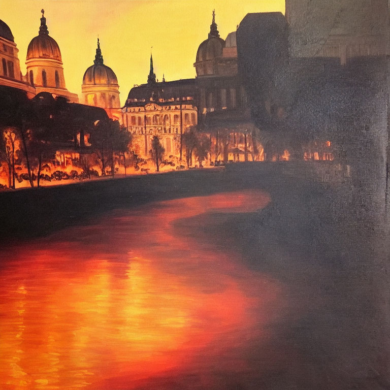 Cityscape painting: Vibrant sunset over domed buildings and reflective river