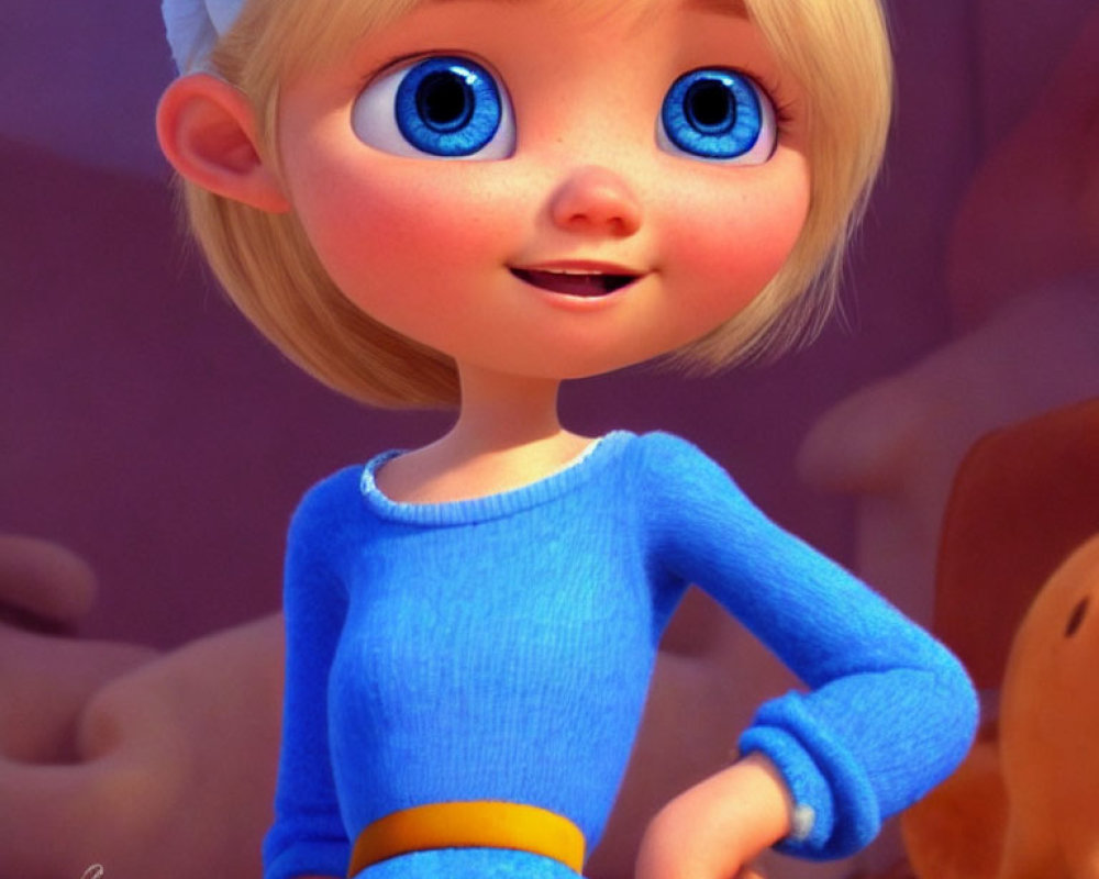 3D animated character of a young girl with large blue eyes in blue dress