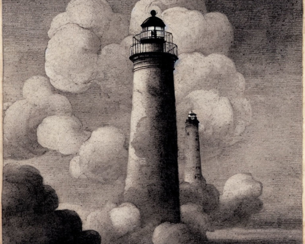 Monochrome etching of tall lighthouse with beacon amid swirling clouds