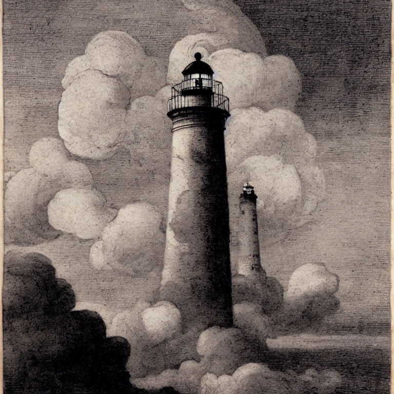 Monochrome etching of tall lighthouse with beacon amid swirling clouds