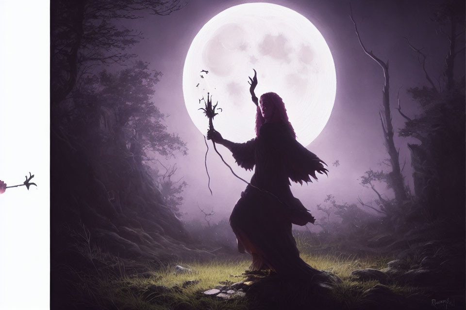 Robed Figure in Mystical Forest with Staff and Full Moon