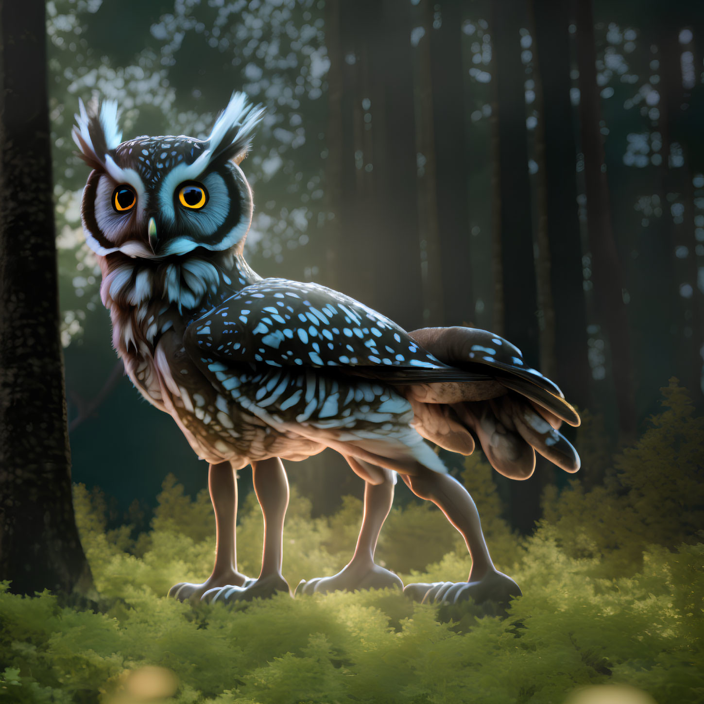 Mythical bird creature with owl head in mystical forest