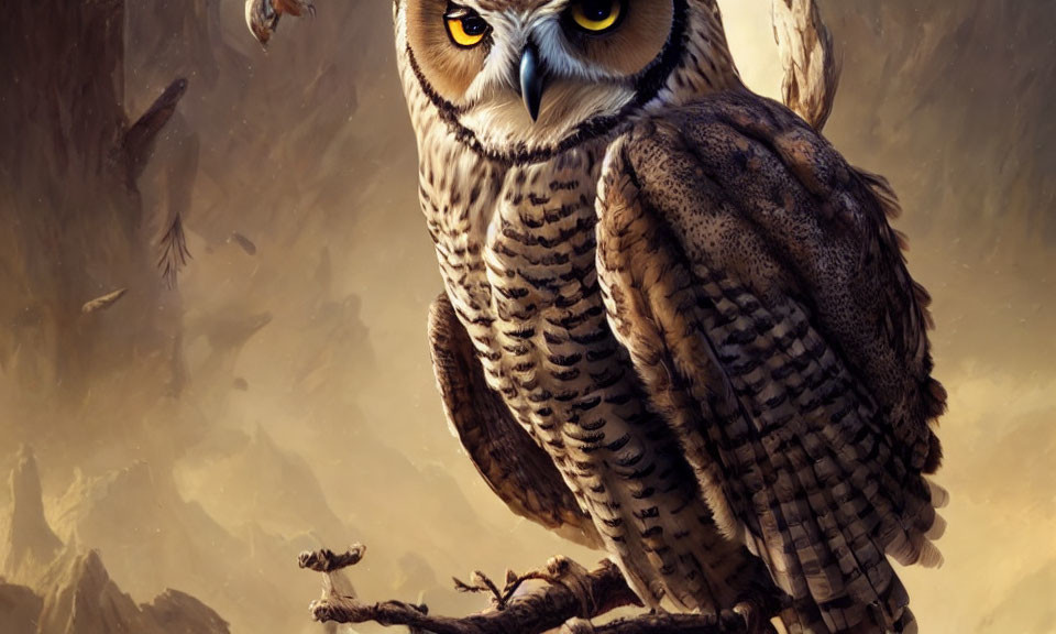 Detailed Illustration of Majestic Owl Perched on Branch