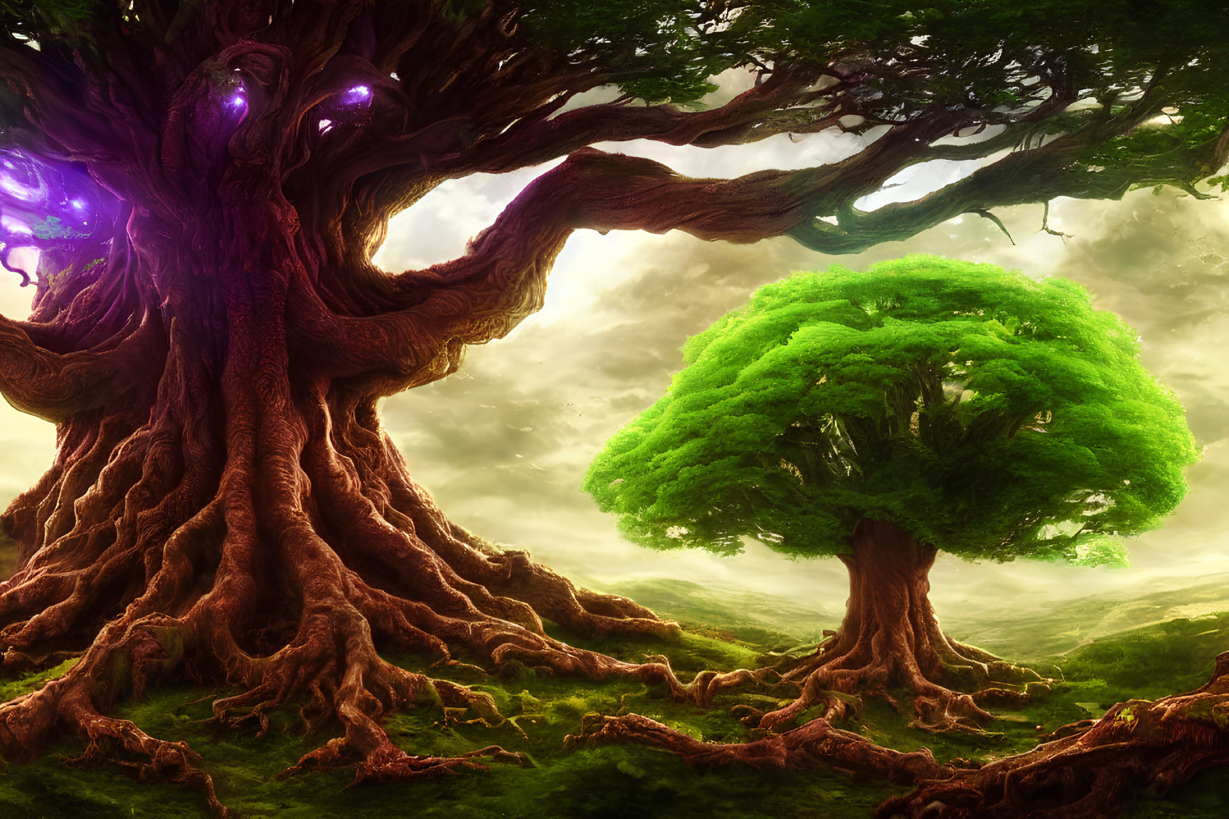Majestic large and small trees in vibrant green landscape with purple light.