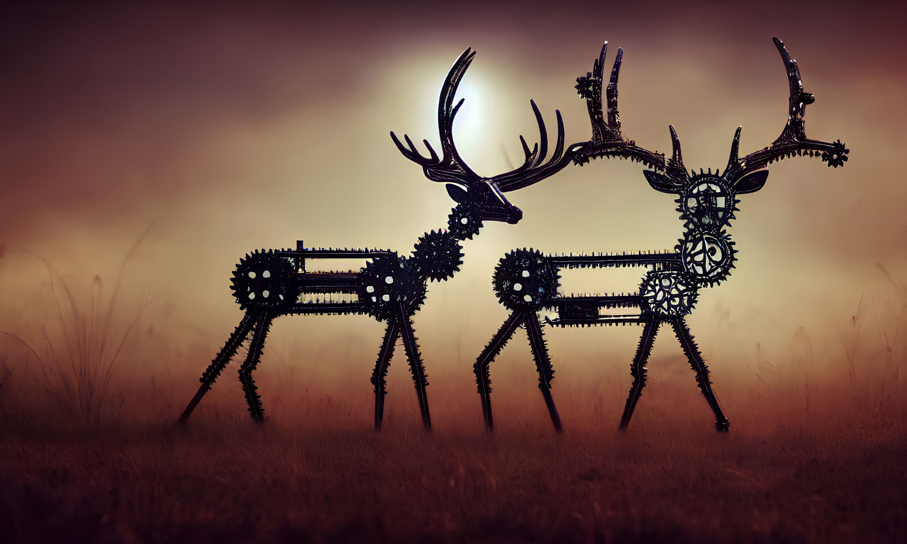 Mechanical deer silhouettes against evening sky with crescent moon