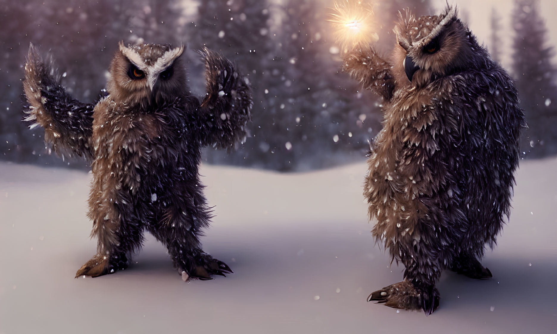 Anthropomorphic owls in snowy landscape with glowing light, under soft snowfall