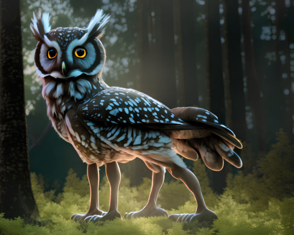 Mythical bird creature with owl head in mystical forest