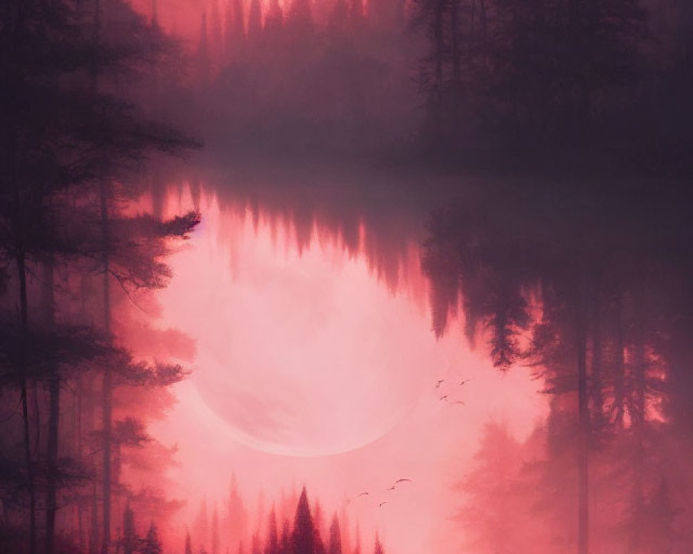 Serene lake with pink moon, trees, and canoeing couple