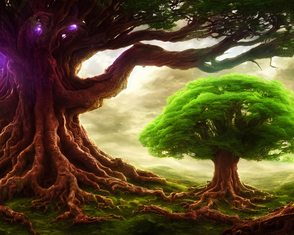 Majestic large and small trees in vibrant green landscape with purple light.