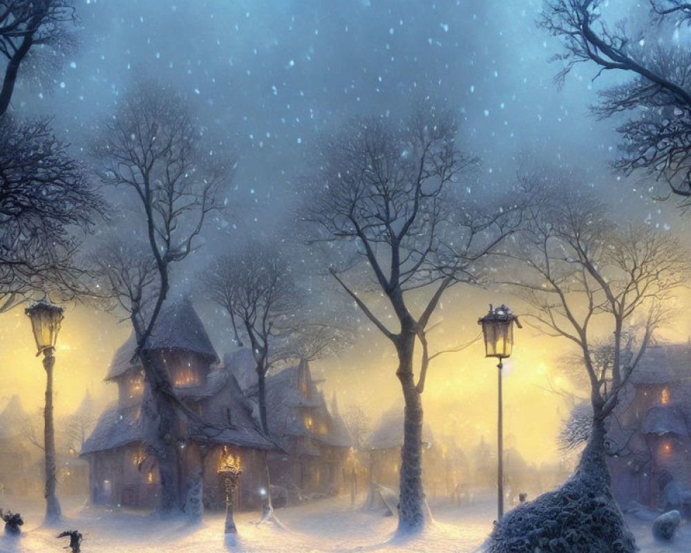 Snow-covered village at dusk: Glowing street lamps, bare trees, gentle snowflakes