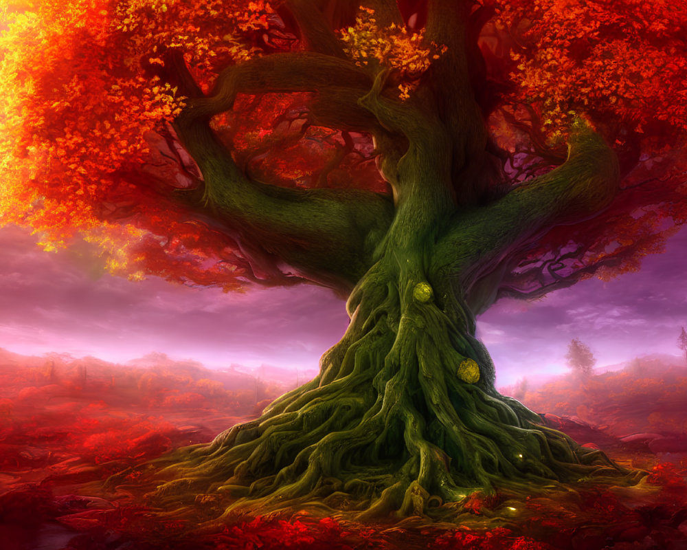 Colorful digital artwork: Large magical tree with fiery orange leaves in mystical forest.