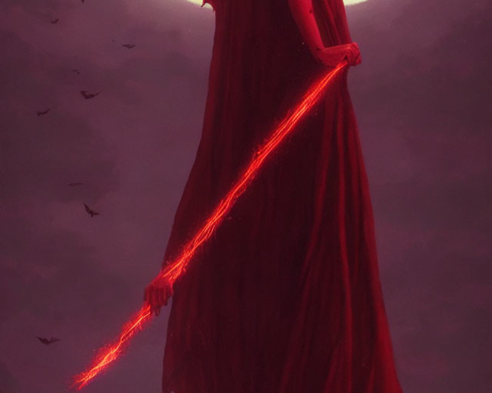 Mystical figure in red cloak under full moon with glowing sword
