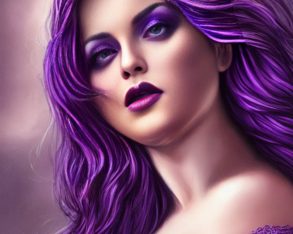 Vibrant purple hair and makeup woman portrait in elegant dress on soft backdrop