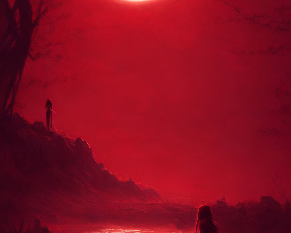Red moonlit landscape with silhouettes by water and hill