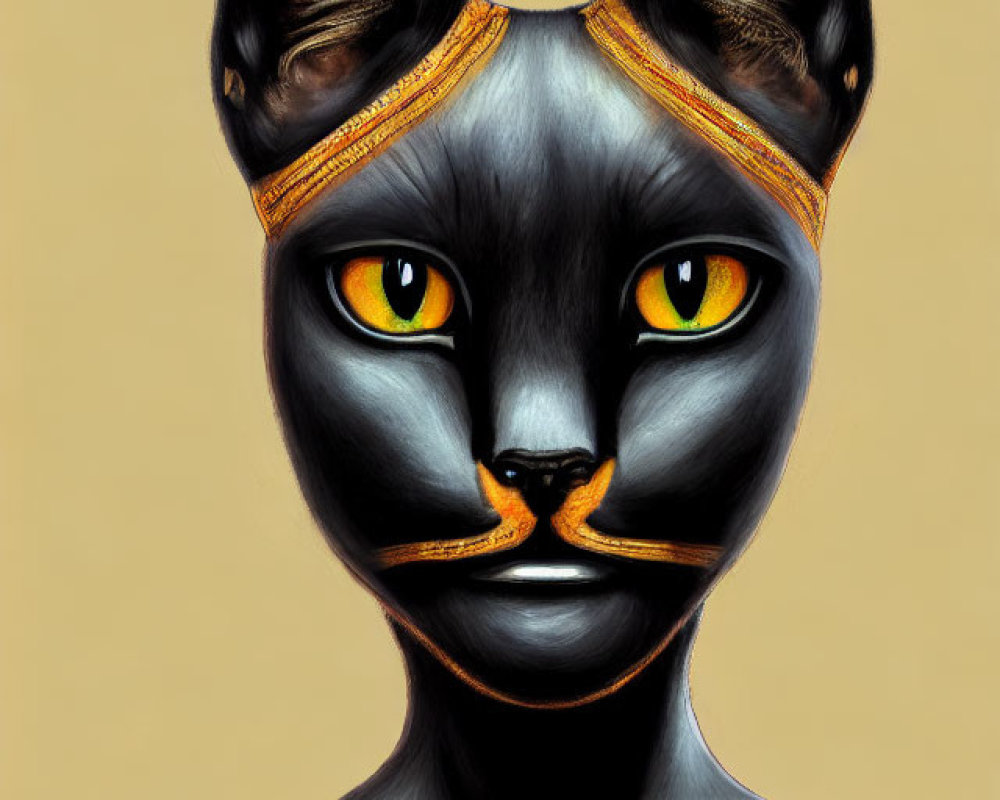 Anthropomorphic feline character with human-like eyes and headband on beige background