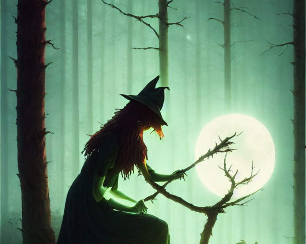 Mystical forest scene with witch, broom, candles, full moon, green aura