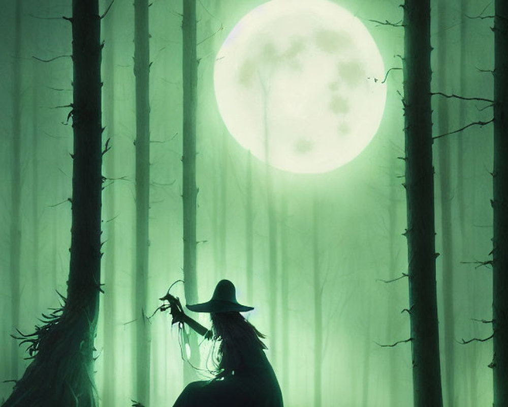 Silhouetted figure in hat in misty forest under glowing moon