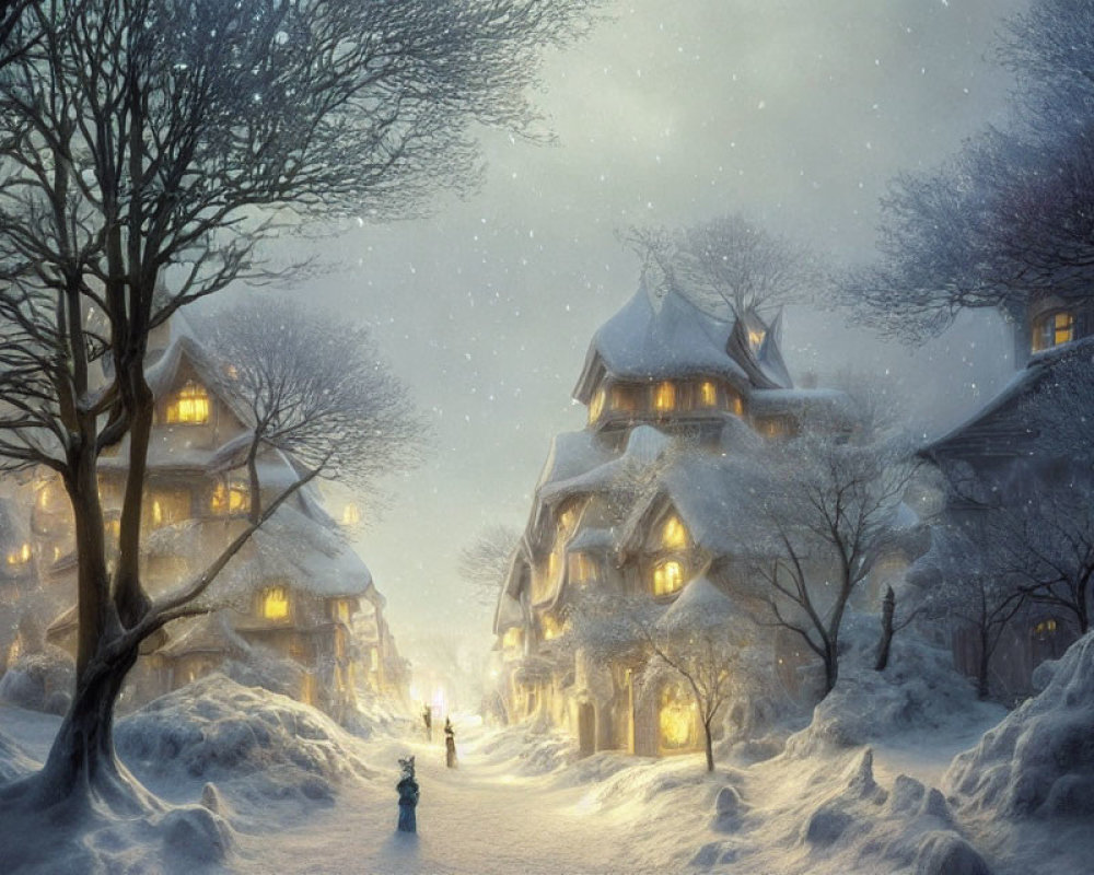 Snowy village scene: dusk, warmly lit windows, heavy snowfall, solitary figure under streetlamp