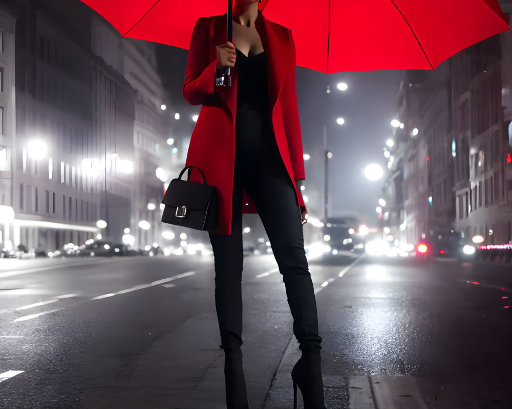 Person in red blazer with red umbrella on city street at night