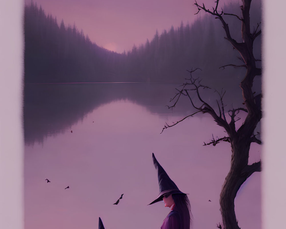Two witches in purple robes by a lake under a full moon with birds and a barren tree.