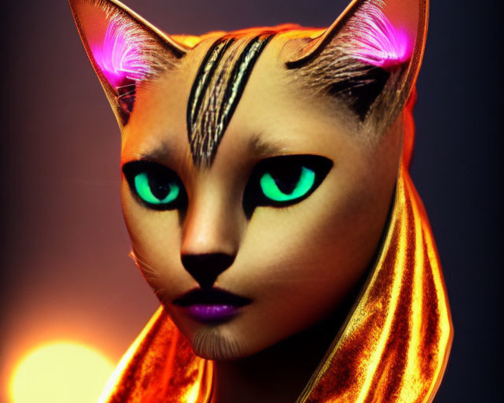 Surreal portrait of person with cat's head, green eyes, fur detail, golden scarf