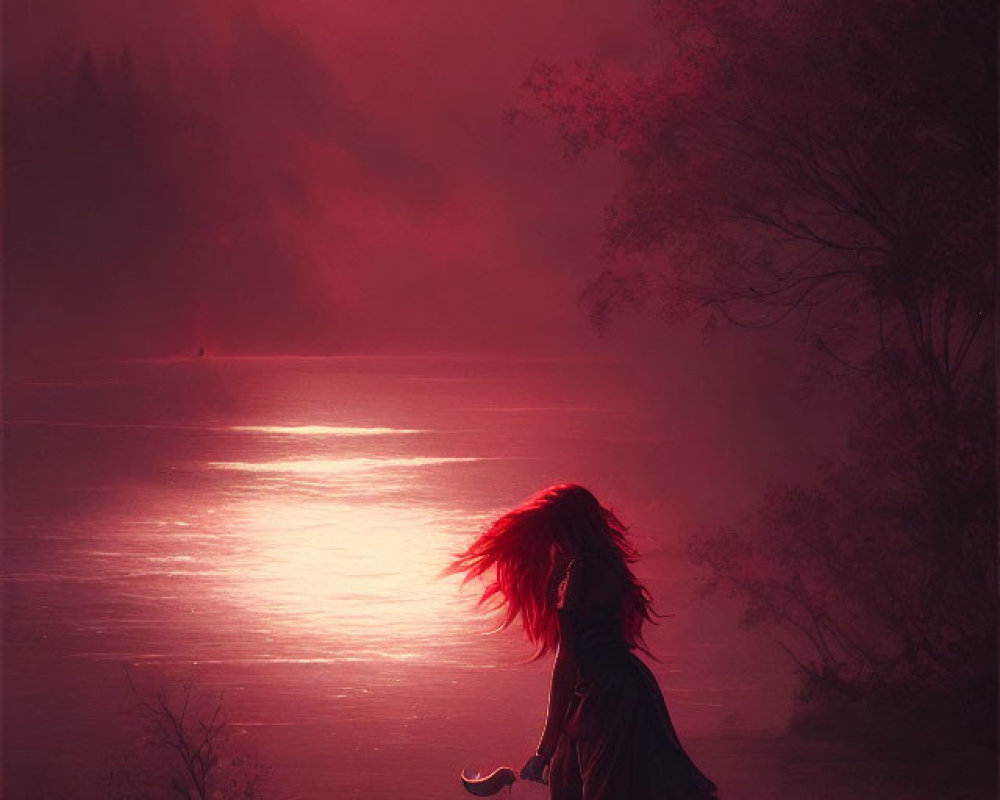 Silhouette of person with flowing hair by lakeside under red moon