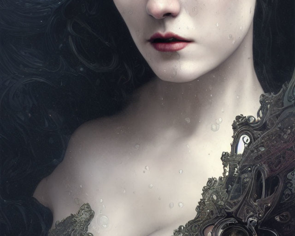 Pale woman with crimson eyes and lips in ornate dark attire against misty backdrop.