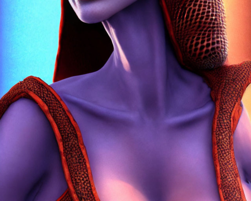 Blue-skinned humanoid female with reptilian features in textured garment