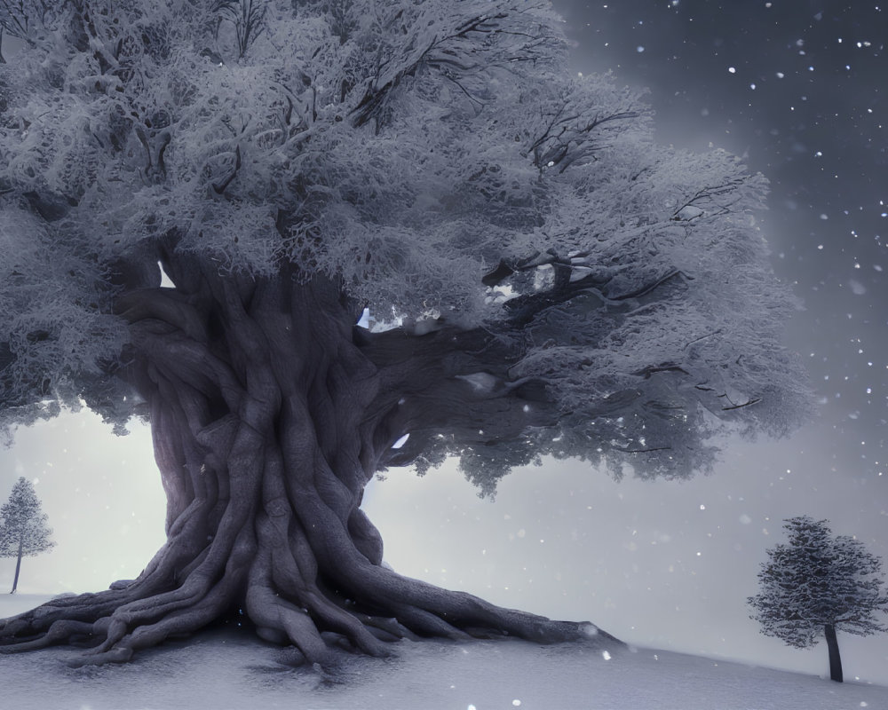 Ancient majestic tree in snow-covered landscape at night