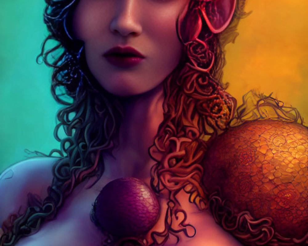 Colorful Dragon-Like Headgear on Female Figure Against Vibrant Background