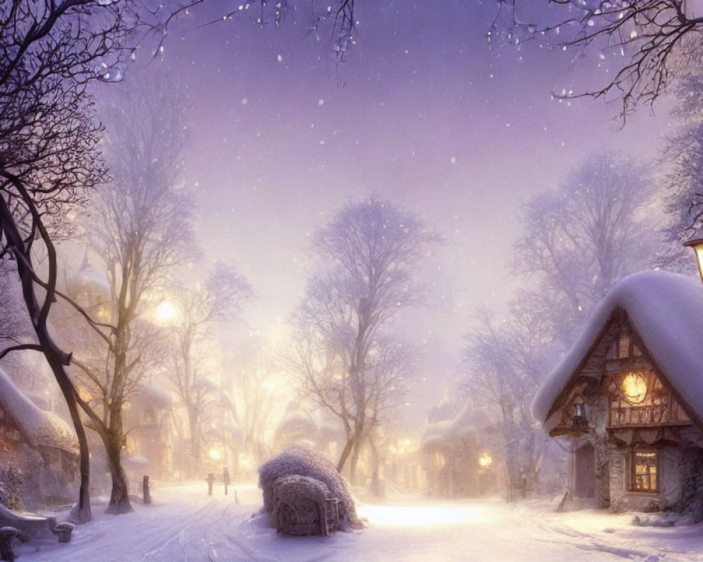 Snow-covered village with thatched-roof cottages and lit street lamps in dusk snowfall