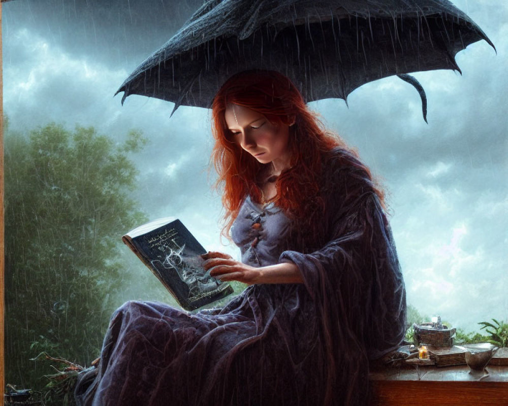 Red-haired woman reading book by rainy window under umbrella