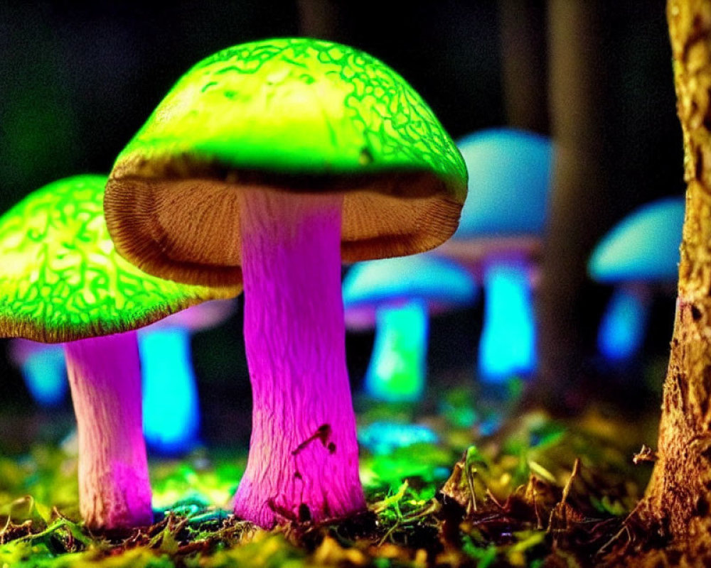 Colorful Neon Mushrooms in Dark Forest