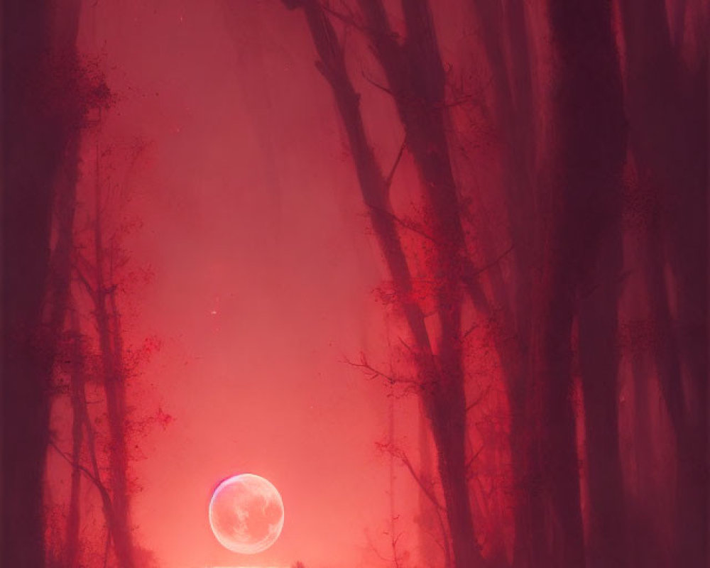 Mysterious figure with red candle under pinkish-red moon in mystical forest