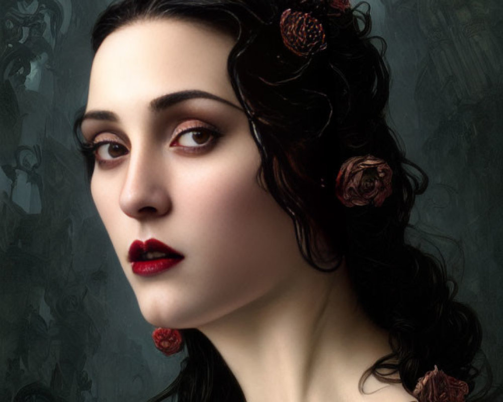 Portrait of woman with pale skin and dark hair adorned with red roses on gothic backdrop