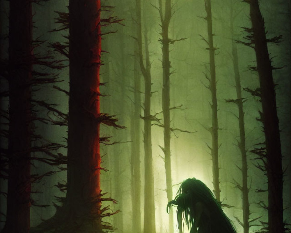 Mystical figure in green robes under full moon in misty forest